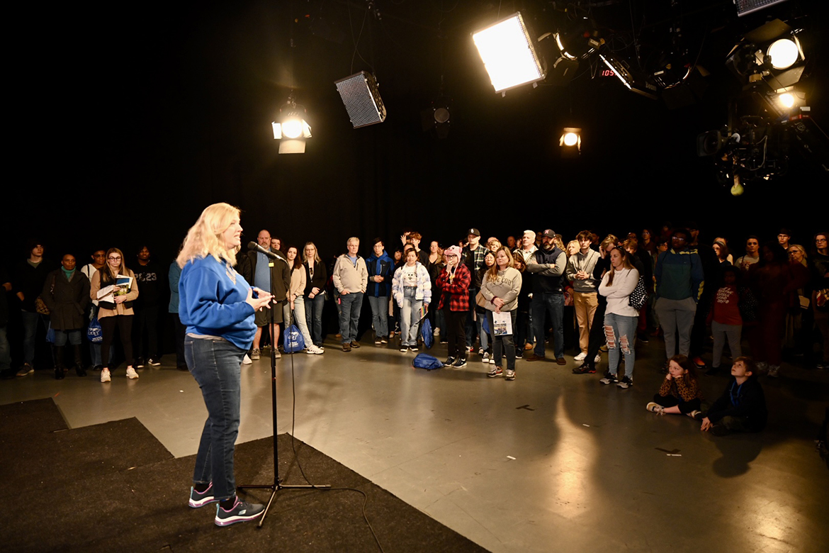 visiting a John Bragg Media and Entertainment studio while attending the February 2023 True Blue Preview. Hundreds more prospective students, including the True Blue 100 outstanding freshmen in Tennessee, will visit Saturday, March 25. (MTSU file photo by James Cessna)
