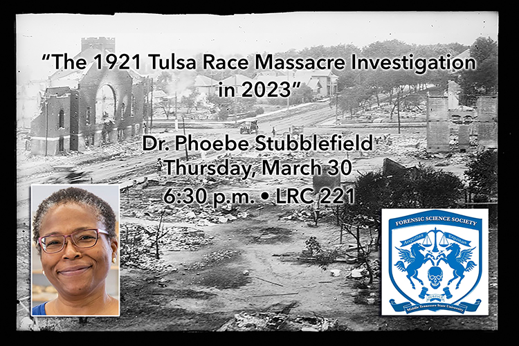 promo with the June 1921 image from the Library of Congress' American National Red Cross photograph collection showing ruins of buildings, including a church, destroyed during the Tulsa Race Massacre, with text overlaid reading “'The 1921 Tulsa Race Massacre Investigation in 2023,' Dr. Phoebe Stubblefield, Thursday, March 30, 6:30 p.m., LRC 221,