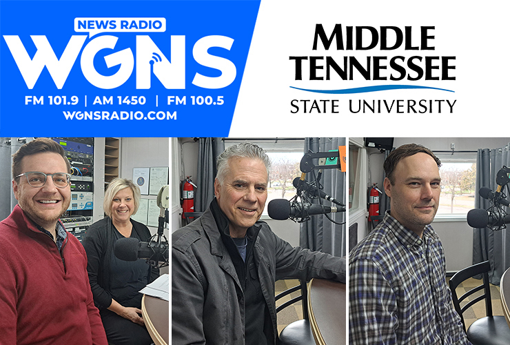 MTSU faculty and staff appeared on WGNS Radio’s Feb. 20 “Action Line” program with host Scott Walker. Guests included, from left in order of appearance, Will Perkins, assistant professor of music, and Kristi Shamburger, associate professor of theatre; Paul Chilsen, associate professor of video and film production; and Shannon Randol, assistant professor of photography and curator of the Baldwin Photographic Gallery. (MTSU photo illustration by Jimmy Hart)