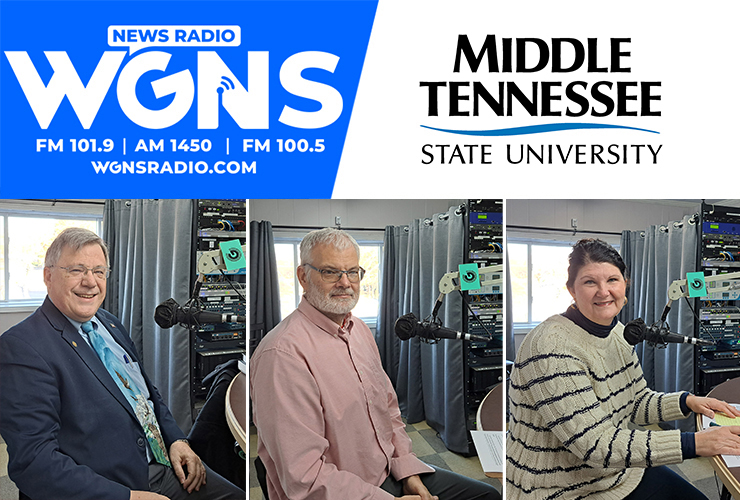MTSU faculty and staff appeared on the WGNS Radio “Action Line” program on March 20. The guests, from left in order of appearance, were John Vile, political science professor, dean of the University Honors College; Dennis Mullen, chair of the MTSU’s Department of Biology; and Ginger Freeman, director of the MTSU Alumni Relations Office. (MTSU photo illustration by Jimmy Hart)