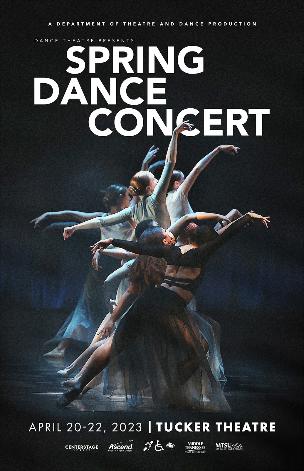 event poster for 2023 Spring Dance Concert, presented by MTSU Dance Theatre and set Thursday-Saturday, April 20-23 in Tucker Theatre inside the Boutwell Dramatic Arts Building (image courtesy of Martin O'Connor)