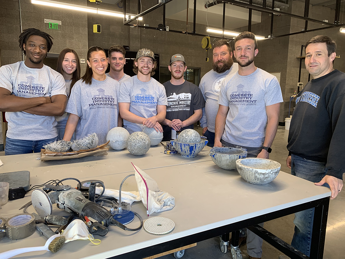 Middle Tennessee State University Concrete Industry Management students (from left) Tyler Dixon, Kayla Gates, Ashley Gates, Christian Denton, Joe Bell, Clay Karsner, Jerry Stewart and Adam Currie have been part of CIM Director Jon Huddleston’s 12-member class preparing concrete bowling balls for an international competition that’s part of the American Concrete Institute Convention in San Francisco, Calif., April 2-6 at the Hilton San Francisco Union Square. The team will compete April 2. (MTSU photo by Randy Weiler)