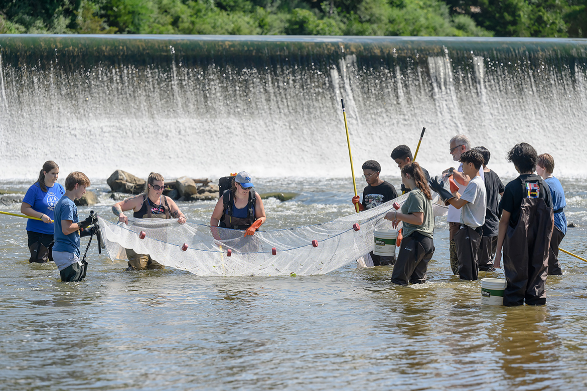 Middle Tennessee State University Summer STEM Camp participants use a net to fish for darters in the Stones River at Walter Hill Dam in Murfreesboro in this July 2022 photo. About 30 rising high school sophomores and juniors attended the College of Basic and Applied Sciences camp featuring biology, chemistry and engineering technology. This year’s camp is open to rising ninth through 12th graders and will be held June 19-23, with registration closing May 15 or when all 90 spots are filled. (MTSU file photo by J. Intintoli)