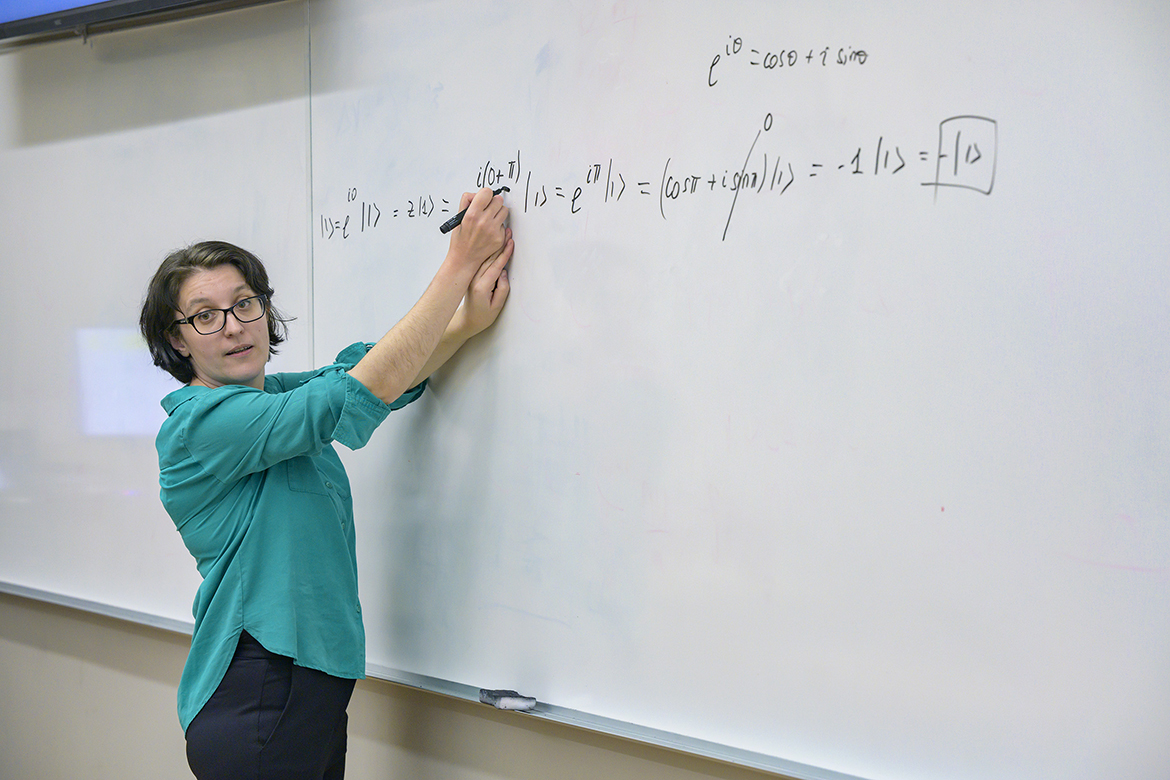 As part of Middle Tennessee State University quantum education efforts, associate professor and computational quantum physics expert Hanna Terletska has piloted a new interdisciplinary undergraduate course on quantum computing for MTSU students from different departments within the college. During her Introduction to Quantum Computing class earlier this semester, she challenged her students with mathematical equations. (MTSU photo by Andy Heidt)
