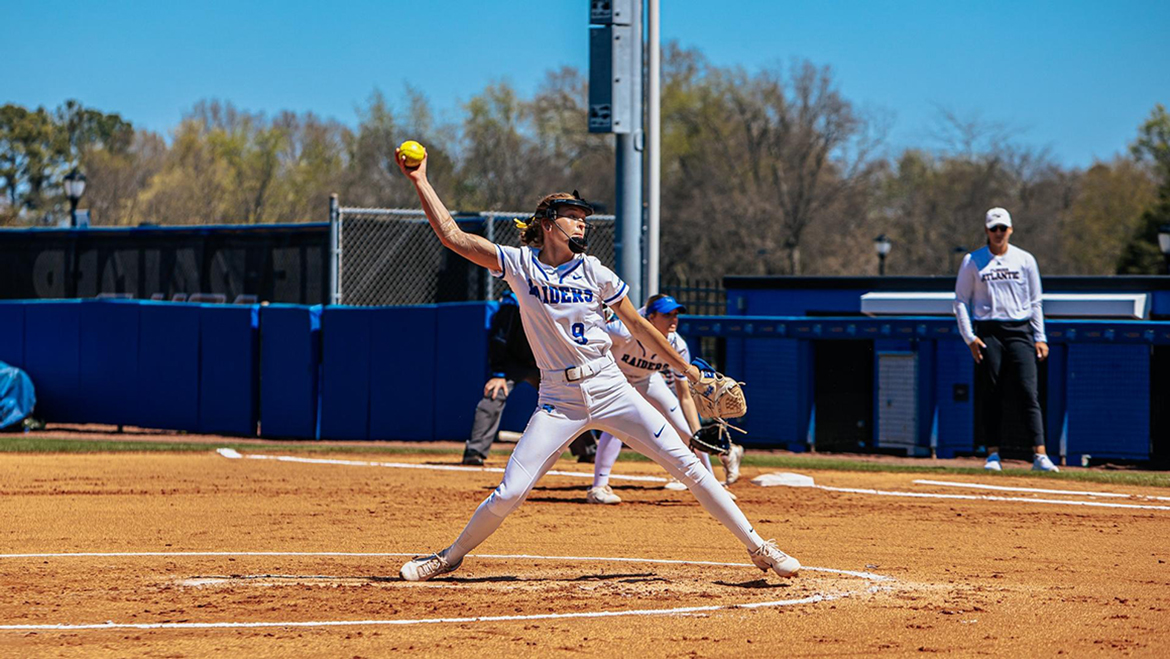 Middle Tennessee State University graduate student Gretchen Mead of Kingwood, Texas, prepares to deliver a pitch to a Florida Atlantic University batter during a recent game that saw the Lady Raiders lose 3-2. As of April 2, Mead had an 8-3 record, 1.93 earned run average, 71 strikeouts and 18 walks. MTSU will entertain Conference USA rival Western Kentucky at 6 p.m. Friday, April 15, and 4 p.m. Saturday, April 16, at the Blue Raider softball field in games that are part of the Alumni Spring Showcase. (MTSU Athletics photo by Vy Ha)