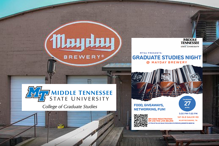 Faculty at Middle Tennessee State University organized a “Graduate Studies Night” event from 5 to 7 p.m. Thursday, April 27, at the Mayday Brewery in Murfreesboro, Tenn., for online graduate students to celebrate the end of the semester and connect socially. (MTSU graphic illustration by Stephanie Wagner)