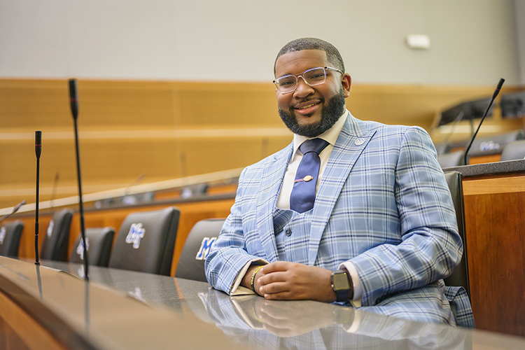 Newly elected MTSU Student Government Association President Michai Mosby poses for a photo inside the Parliamentary Room at the campus Student Union Building on April 25, 2023. MTSU photo by Andy Heidt)