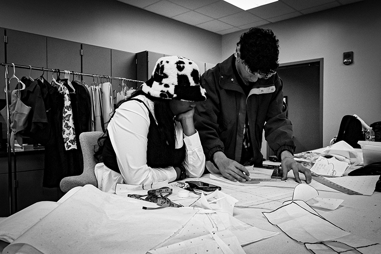 Middle Tennessee State University students Mateo Cerro, right, and Serlita Rangel work on their senior fashion design collections as part of the Patternmaking 2 course on March 29, 2023, at MTSU’s McWherter Learning Resources Center in preparation for the student-led runway show slated for Saturday, April 15, at 5 p.m. at the Miller Education Center on Bell Street. (MTSU photo courtesy of Katy Dorey)