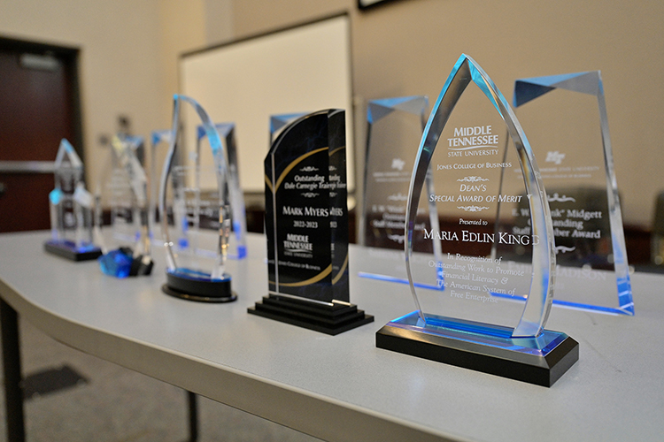 Various Jones College of Business faculty and staff awards for 2023 await presentation at an awards ceremony April 14 in the State Farm Lecture Hall inside the Business and Aerospace Building. (MTSU photo by Andy Heidt)