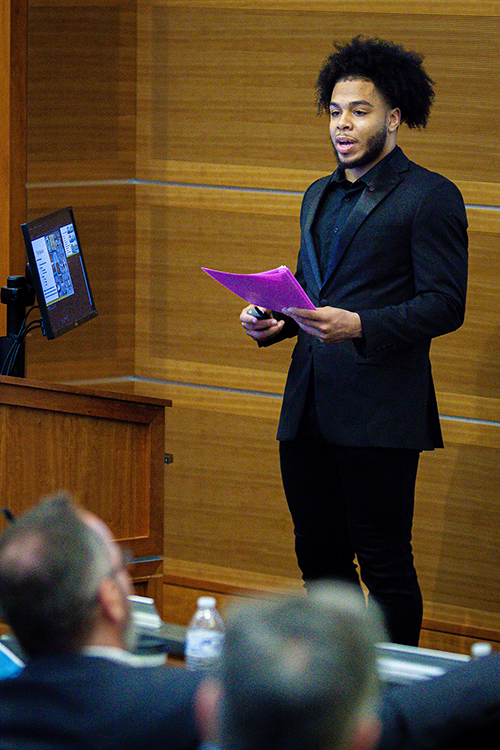 MTSU rising senior aerospace technology and mathematics major Mervyn Thomas-Crawford of Baltimore, Md., gives his presentation for Air-Aid Technology before a panel of community judges April 26 during the 2023 Business Plan Competition Finals in the Student Union Parliamentary Room at Middle Tennessee State University. Thomas-Crawford earned first place and a $9,000 prize. (MTSU photo by Tom Beckwith)