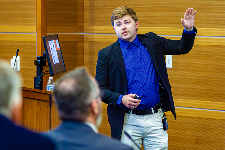 MTSU rising senior Britton Cherry of Mt. Juliet, Tenn., presents his idea for Good Samaritan Hauling and Labor at the 2023 Business Plan Competition Finals held April 26 in the Student Union Parliamentary Room at Middle Tennessee State University. (MTSU photo by Tom Beckwith)