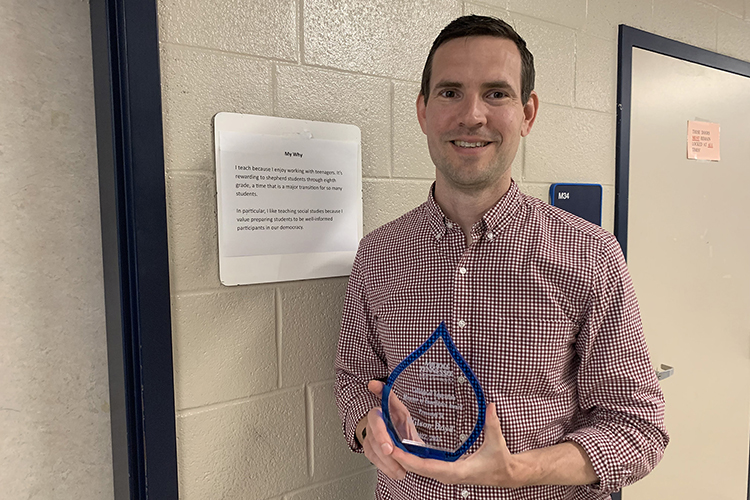 Middle Tennessee State University presented Wilson Boyd, eighth-grade social studies teacher at Sunset Middle in Brentwood, Tenn., with a Mentor Teacher of Excellence award for his work mentoring MTSU education students, on May 3, 2023. (MTSU photo by Pam Ertel)