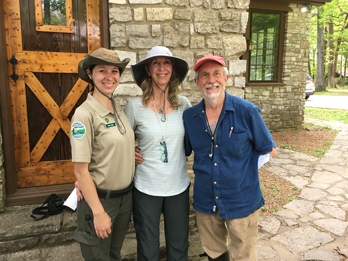 Holly Taylor, left, associate state naturalist, Middle Tennessee State University professor of biology education Kim Cleary Sadler and Milo Pyne, retired scientist with NatureServe, visit during the 2022 Elsie Quarterman Cedar Glade Wildlife Festival at Cedars of Lebanon State Park near Lebanon, Tenn. The 45th annual festival takes place Friday and Saturday, May 5-6, and the public is welcome. Pyne discovered Pyne’s Ground Plum, an endangered species found only in Rutherford County and nowhere else in the world, about five miles from the MTSU campus. (Submitted photo)