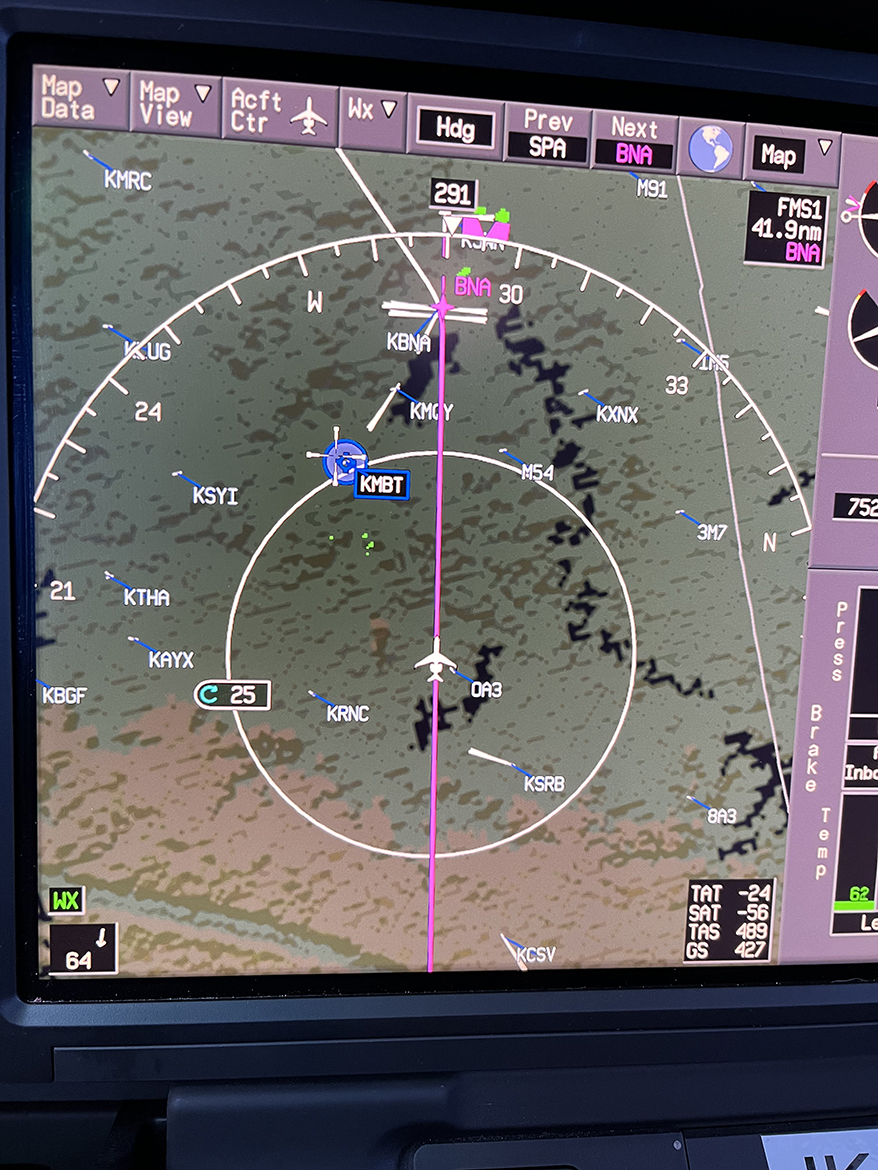 An instrument panel shows a Gulfstream test plane flying over Murfreesboro, Tenn., and Murphy Center May 5 on its way to Nashville, Tenn., before returning to home base in Savannah, Ga. The plane was flown by test pilot Tony Briotta, who earned a master’s degree in Aeronautical Sciences. (Submitted photo)