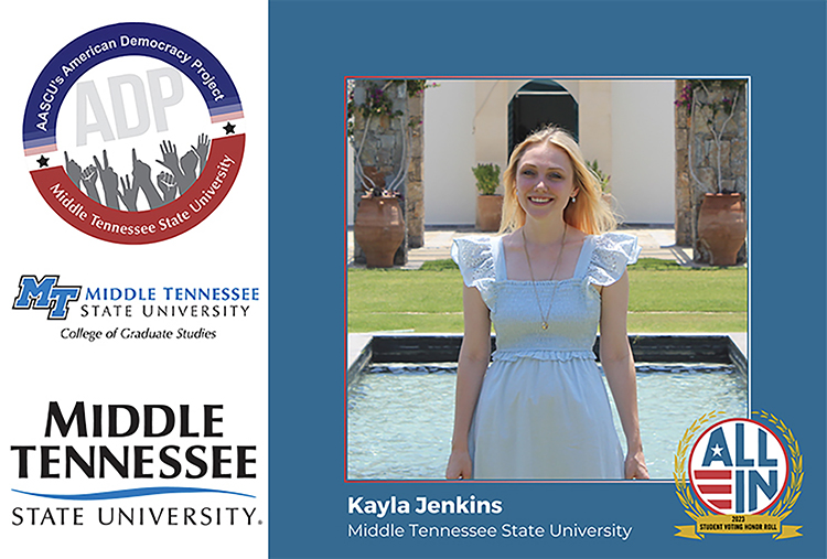 Kayla Jenkins, Middle Tennessee State University graduate public history student, was recently named to the ALL IN Campus Democracy Challenge’s 2023 Student Voting Honor Roll, one of only 174 other students across the country to receive the honor. Jenkins was a key part of the campuswide effort to help get hundreds of MTSU students registered to vote and quipped with a voting plan in the lead up to the fall 2022 election. (Graphic courtesy of ALL IN Campus Democracy Challenge)