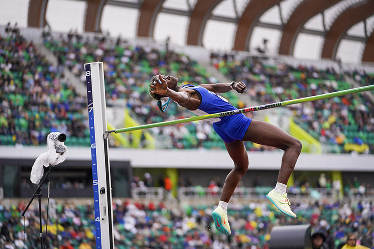 Abigail Kwarteng, recent graduate from Middle Tennessee State University and Olympic hopeful, attempts to clear the crossbar at her final NCAA track-and-field competition at Hayward Field track at the University of Oregon in Eugene, Ore., in the summer of 2022. (MTSU file photo by MTSU Athletics)