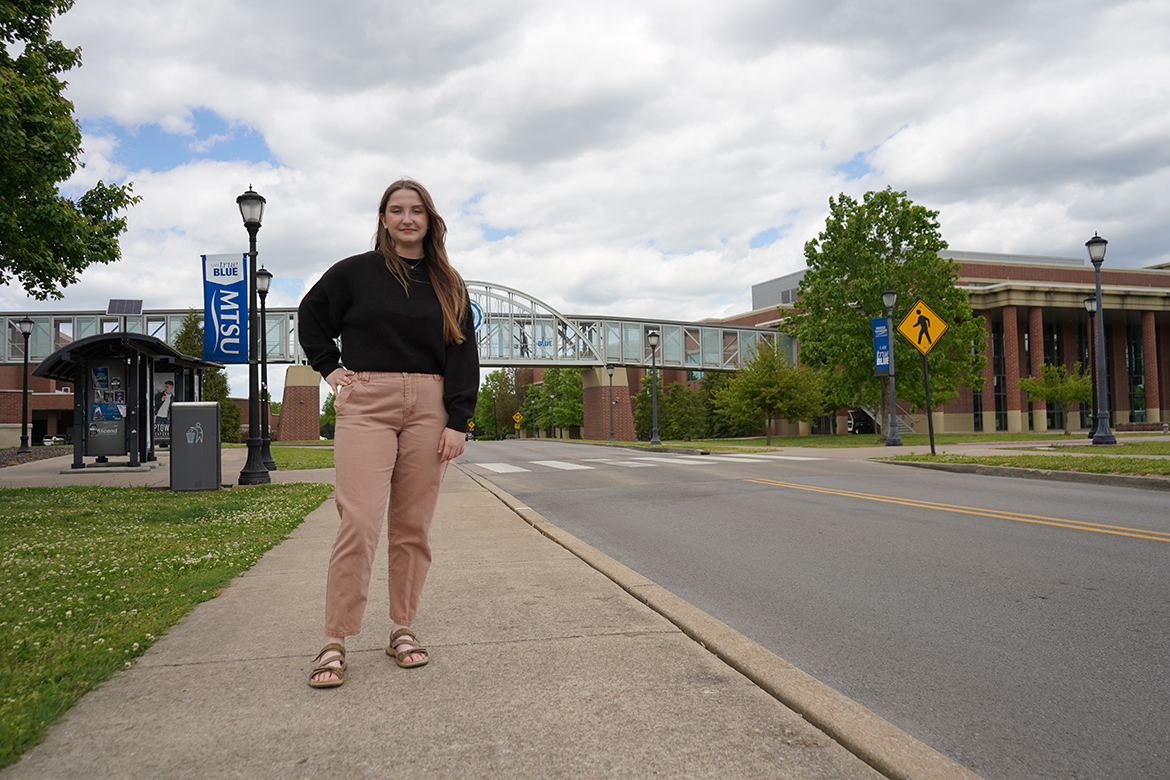 Shown in the heart of the Middle Tennessee State University campus on Blue Raider Drive between the Student Union and the Student Services and Admissions Center, Victoria Grigsby of Taft, Tenn., will be a Fulbright Summer Institute participant in Wales for three weeks this summer. A political science major, Grigsby has a double minor in economics and German and is an Honors College student. (MTSU photo Robin E. Lee)