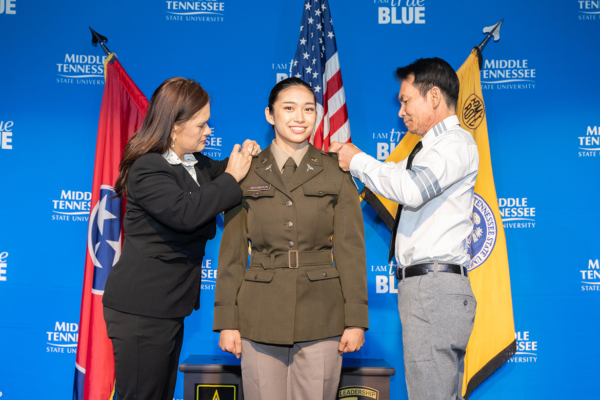 enter Theater Friday, May 5. Eleven ROTC cadets were commissioned as second lieutenants into various branches of the Army. (MTSU photo by James Cessna)