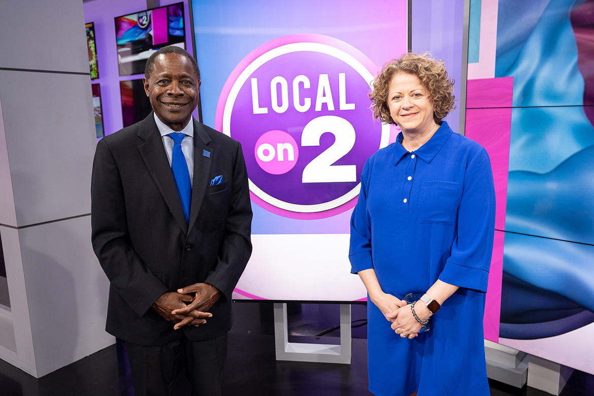 MTSU President Sidney A. McPhee, left, and WKRN Vice President and General Manager Tracey Rogers, an alumna of the university, appeared Wednesday, May 10, on the station’s Local on 2 program to announce a collaboration in which the program will periodically showcase the success of students and graduates from MTSU Online programs and College of Education. (MTSU photo by James Cessna)