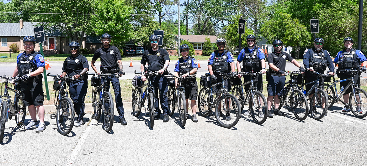 Middle Tennessee State University Police Department is offering three bike patrol certification training opportunities to its officers and officers from surrounding departments like the Rutherford County Sheriff’s Office, Murfreesboro Police Department and Goodlettsville Police Department. Officers from MTSU and Rutherford County who took part in the first round of training pose with their bicycles on May 3, 2023, on campus. (MTSU photo by Stephanie Wagner)