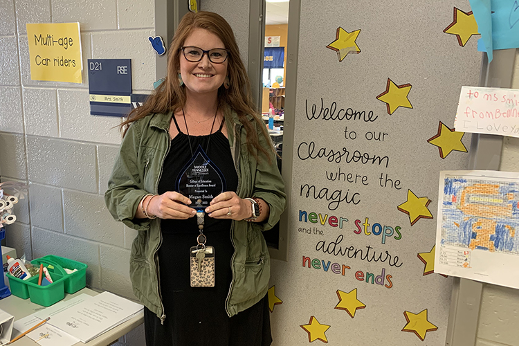 Middle Tennessee State University presented Megan Smith, kindergarten teacher at Rock Springs Elementary in La Vergne, Tenn., with a Mentor Teacher of Excellence award for her work mentoring MTSU education students, on May 3, 2023. (MTSU photo by Pam Ertel)