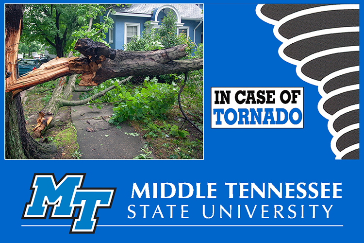 Promo including an undated Adobe Stock Photo of a leafy tree, partially split by high winds, blocking a portion of a sidewalk and a home's yard in a residential area, plus a stylized tornado graphic on an MTSU blue background with a text box reading 