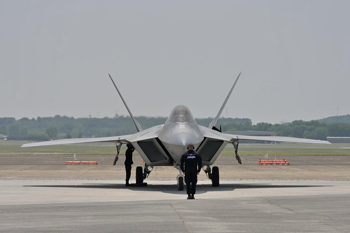 Sponsored by Middle Tennessee State University, a U.S. Air Force F-22 Raptor prepares to take off for a practice run Friday, June 9, at Smyrna (Tenn.) Airport. They are among numerous teams participating in the annual Great Tennessee Air Show June 10-11. MTSU is a sponsor of the event and for the U.S. Air Force Raptor team. (MTSU photo by Andy Heidt)