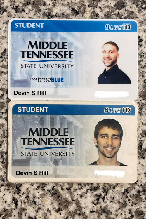 At top is the current student I.D. of Middle Tennessee State University senior integrated studies major Devin Hill of Smyrna, Tenn., with his previous I.D. below it when he attended a decade ago before dropping out. Hill will graduate this summer thanks to the Adult Degree Completion Program and flexibility of online courses. (Submitted photo)
