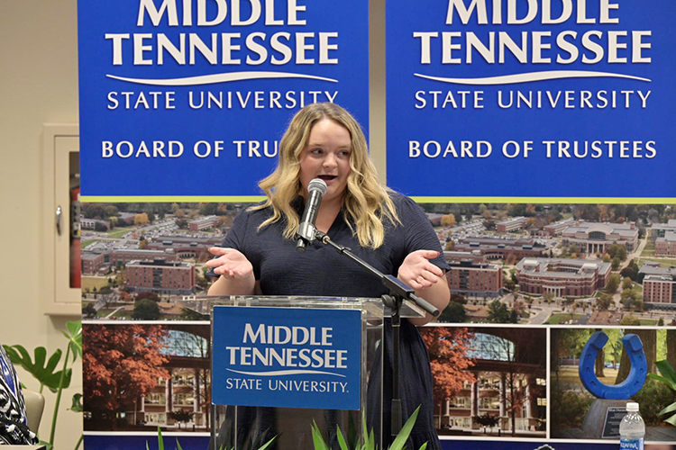 Incoming Middle Tennessee State University Student Trustee Molly Mihm gives remarks at the MTSU Board of Trustees quarterly meeting held Tuesday, June 20, in the Miller Education Center on Bell Street. (MTSU photo by Andy Heidt)