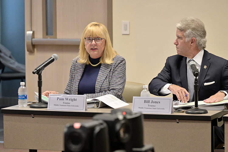 Middle Tennessee State University Trustee Pam Wright, left, discusses a proposed student activity fee increase at the MTSU Board of Trustees quarterly meeting held Tuesday, June 20, in the Miller Education Center on Bell Street. At right is new Trustee Bill Jones. (MTSU photo by Andy Heidt)