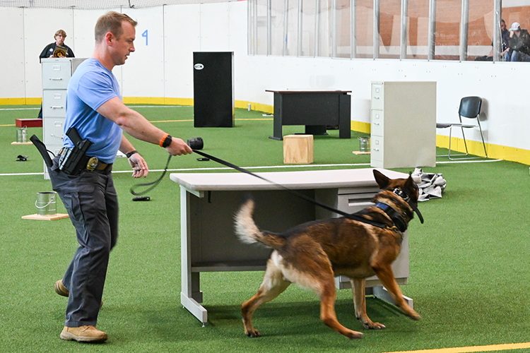 Sgt. Zachery Brooker, Middle Tennessee State University Police K-9 handler, runs a narcotics-locating competition at the Campus Recreation Center with MTSU K-9 Bobby as part of the National Narcotic Detector Dog Association conference the department and university hosted earlier this month. (MTSU photo by Stephanie Wagner)