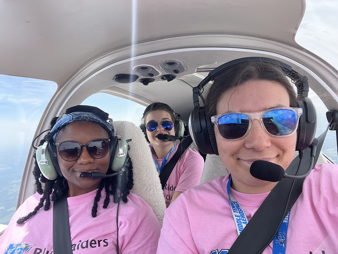 Middle Tennessee State University Aerospace Department pilots and 2023 Air Race Classic competitors Farilyn Hurt, left, Alyssa Smith and Bri McDonald take a selfie while flying during the four-day, June 20-23, competition. (Submitted photo by Briana McDonald)