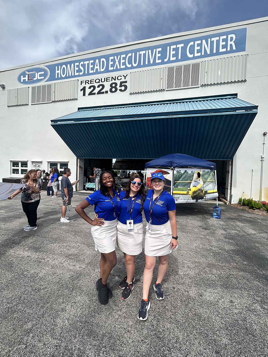 After arriving in Homestead, Fla., at the conclusion of the 2023 Air Race Classic for all-women pilots, Middle Tennessee State University team members Farilyn Hurt, left, Bri McDonald and Alyssa Smith are relieved their 2,400-journey has come to a successful end. (MTSU photo by Meredith Boardman)