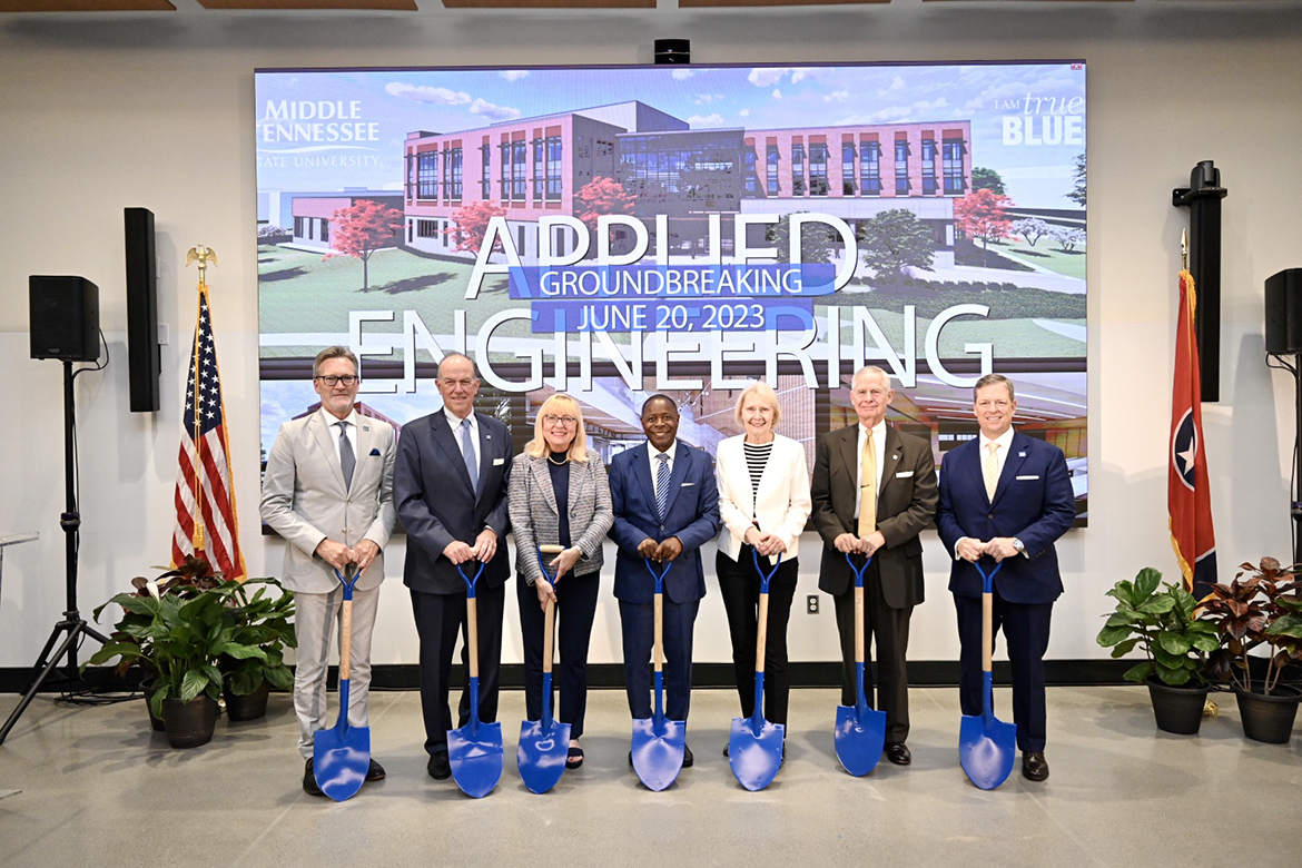 Engineering Building groundbreaking ceremony on Tuesday, June 20, in the School of Concrete and Construction Management Building. Attendees included, from left, MTSU professor Rick Cottle, Chairman Steve Smith, Pam Wright, McPhee, Molly Mihm, Tom Boyd and Pete Delay. (MTSU photo by J. Intintoli)