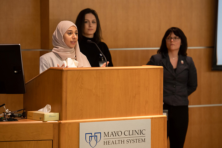 Janna Abou-Rahma, far left, an undergraduate student and researcher from Middle Tennessee State University, presents for her team during the highly competitive Mayo Clinic Social Determinants of Health Challenge put on in the lead up to the annual National Conferences of Undergraduate Research held this April at the University of Wisconsin-Eau. Abou-Rahma’s team won the competition, putting her in the top 1% of hundreds of applicants. (Photo courtesy of Janna Abou-Rahma)