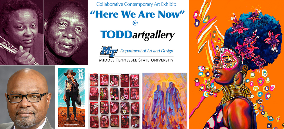 Middle Tennessee State University's Todd Art Gallery hosts 'Here We Are Now,' a collaborative contemporary art exhibit on display July 15-Aug. 19. Art, from left, 'Red Lining' by Samuel Dunson, 'Furnace' by Jairo Prado and 'Amari' by Destiney Powell. (Photo illustration by Nancy DeGennaro)