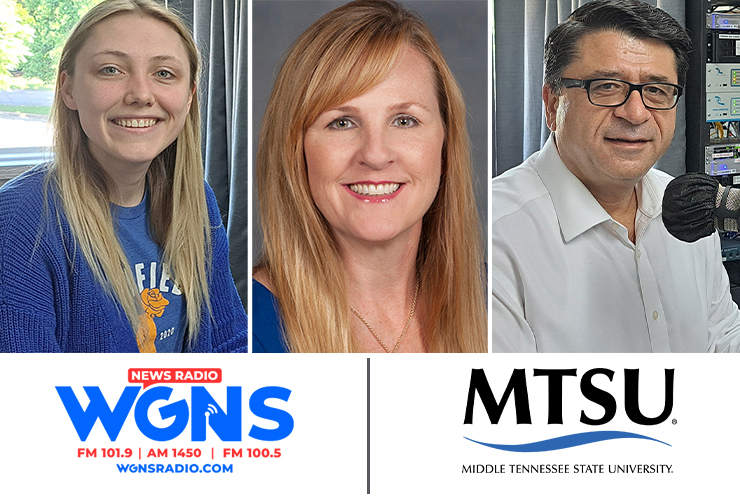 MTSU faculty appeared on the WGNS Radio “Action Line” program on May 15. The guests, from left in order of appearance, were Kayla Jenkins, graduate student in MTSU’s Public History Master’s Program; Dr. Robin Lee, director of the Center for Counseling and Psychological Services and coordinator of the Professional Counseling Program; and Dr. Murat Arik, director of the Business and Economic Research Center and Jennings and holder of the Rebecca Jones Chair of Excellence in Urban and Regional Planning. (MTSU photo illustration by Jimmy Hart)