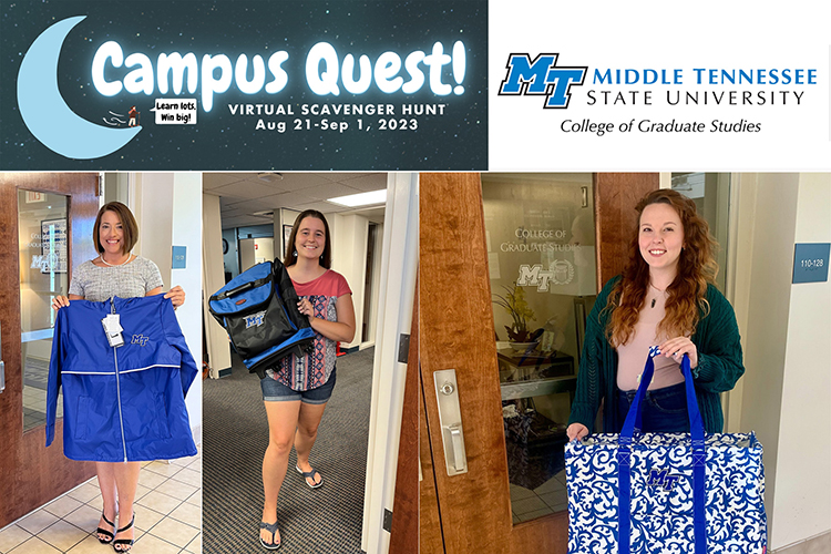 The College of Graduate Studies at Middle Tennessee State University is putting on its virtual scavenger hunt for graduate students for the second year in a row. Interested graduate students can sign up now for this year’s hunt that will take place from Monday, Aug. 21, to Friday, Sept. 1, that will guide students to helpful online resources and make them eligible to win one of 15 prizes. Some of last year’s winners pose here with their prizes. (MTSU graphic illustration by Stephanie Wagner)