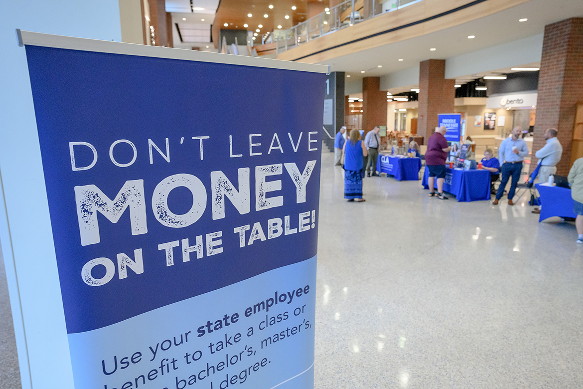 Representatives from across the Middle Tennessee State University campus met recently in the Student Union Building's first-floor atrium to help current employees explore their options and opportunities utilizing the tuition waiver benefit so there is “no money left on the table” in a special information and questio-and-answer session to emphasize using the benefit to take a class or earn a bachelor’s, master’s or doctoral degree.. (MTSU photo by J. Intintoli)