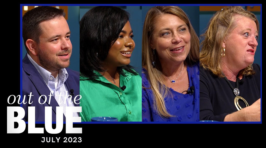 Casey Brown, left, Dual Enrollment Program coordinator in Middle Tennessee State University's University College; student orientation assistant Alexandria Hamilton and Gina Poff, director of the Office of New Student and Family Programs; and Dr. Leigh Anne Clark of the Jones College of Business' Department of Management are the guests on the July 2023 edition of MTSU’s video magazine, “MTSU Out of the Blue.