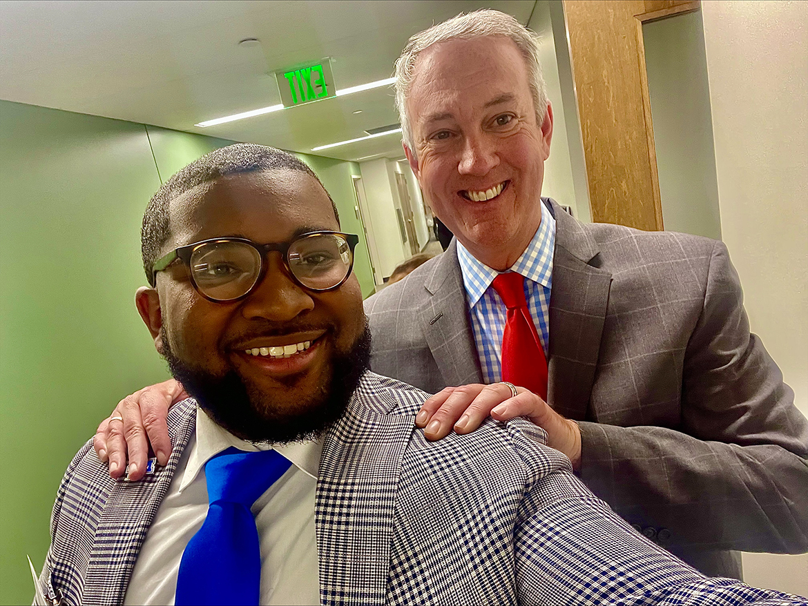Tennessee Secretary of State Tre Hargett, right, poses with Middle Tennessee State University SGA President Michai Mosby, a sophomore public relations and political science double major from Memphis, Tenn. Mosby attended the annual College Civic Engagement Luncheon in Nashville, Tennessee, July 13. (MTSU photo by Michai Mosby)