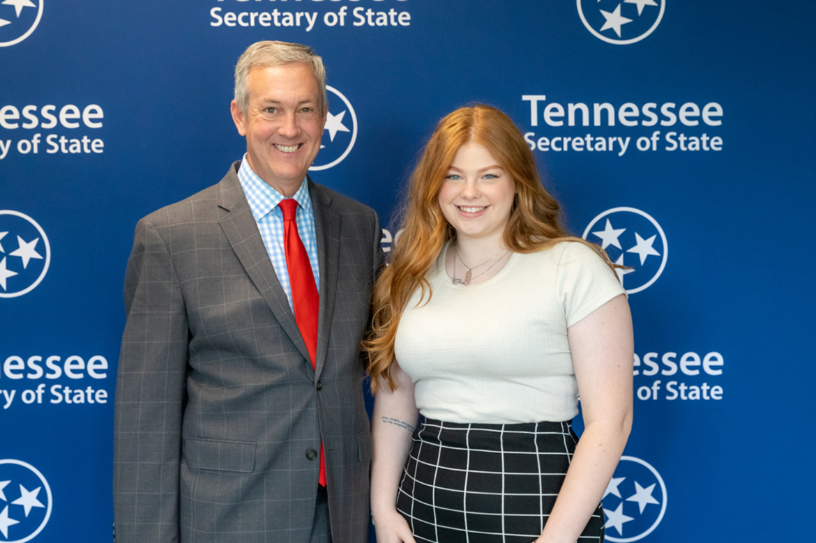 Tennessee Secretary of State Tre Hargett, left, is shown with Middle Tennessee State University junior Caroline Spann of Mt. Juliet, Tenn., who is the SGA election commissioner, during the July 13 College Civic Engagement Luncheon in Nashville, Tenn. She is an advertising major and earning minors in mass communications and communications in the College of Media and Entertainment. (Submitted photo)