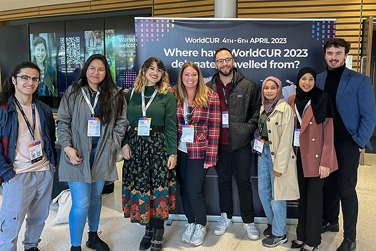 Undergraduate researchers from Middle Tennessee State University smile for a photo while attending the World Congress on Undergraduate Research at the University of Warwick in Coventry, England, this spring. Standing, from left, are, Yaseen Ginnab, Leslie Gonzalez; Brooke Busbee; Jamie Burriss, coordinator of MTSU’s Undergraduate Research Center; Jesse Scobee; Marzea Akter; Janna Abou-Rahma and Ross Sibley. (Submitted photo)