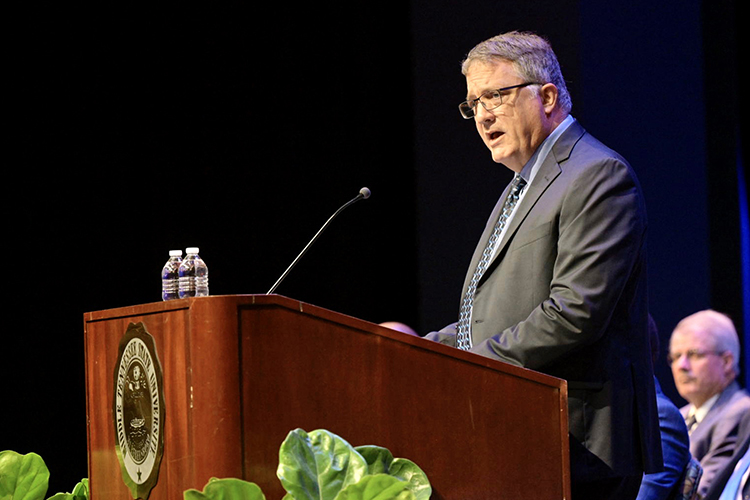Middle Tennessee State University Provost Mark Byrnes presides over the 2023 Fall Faculty Meeting in Tucker Theatre on Thursday, Aug. 24, to officially kick off the new academic year. (MTSU photo by Andy Heidt)