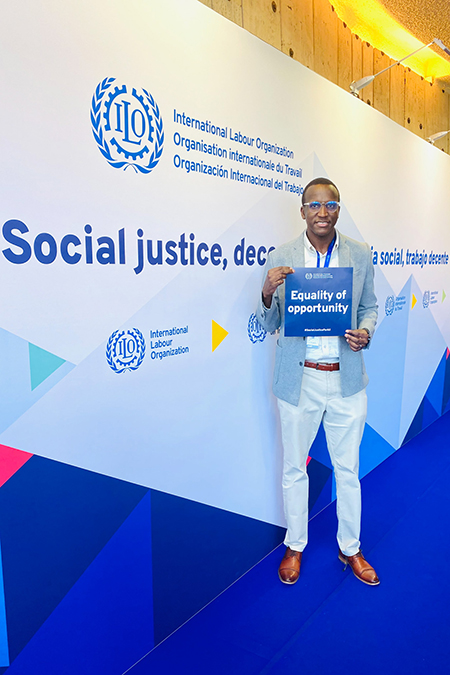 Baye Sambou, alumnus of Middle Tennessee State University’s international affairs graduate program, now works as a technical officer at the International Labour Organization in Geneva, Switzerland, and takes a photo during his participation in this year’s International Labour Conference in Geneva. (Submitted photo)