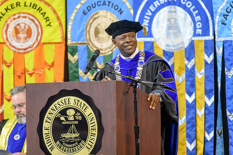 Middle Tennessee State University President Sidney A. McPhee congratulates the 834 graduates receiving their degrees during the 2023 summer commencement ceremony held Saturday, Aug. 12, inside Murphy Center on the MTSU campus in Murfreesboro, Tenn. (MTSU photo by J. Intintoli)