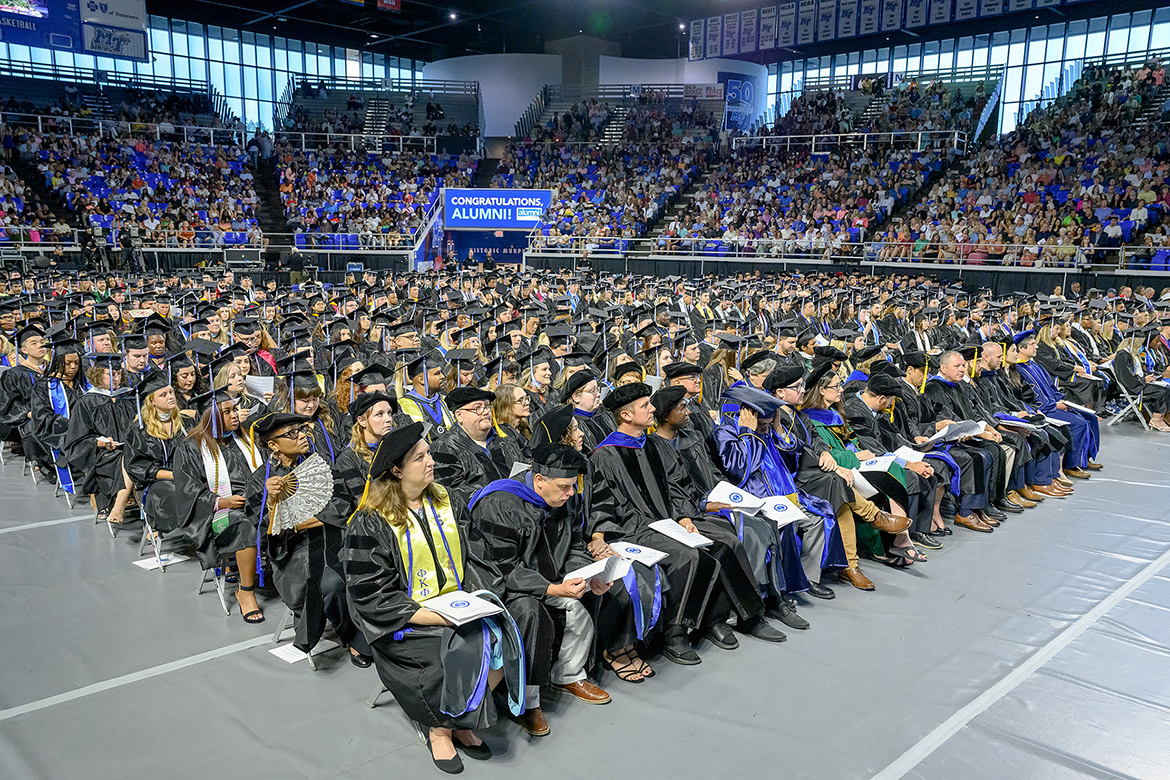 More than 830 Middle Tennessee State University summer graduates await to receive their hard-earned degrees during the 2023 summer commencement ceremony held Saturday, Aug. 12, inside Murphy Center on the MTSU campus in Murfreesboro, Tenn. (MTSU photo by J. Intintoli)