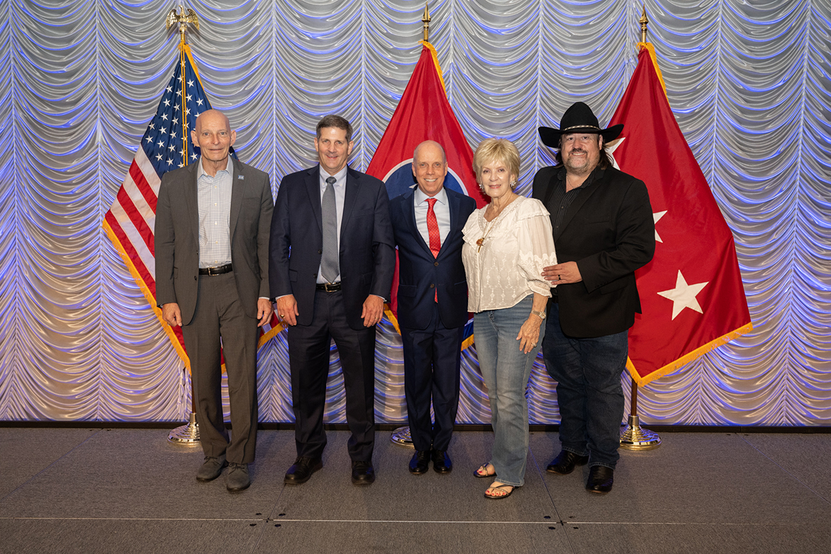 Hamilton, Hazel Daniels and Charlie Daniels Jr. gather during the sixth annual MTSU Veteran Impact Celebration to raise funds for the Charlie and Hazel Daniels Veterans and Military Family Center on campus. The event was held in the Student Union Ballroom Friday, Aug. 25. (MTSU photo by James Cessna)