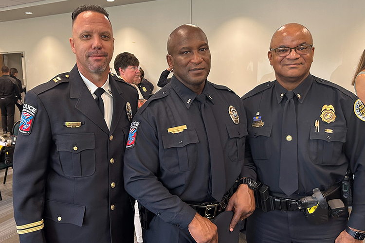 Middle Tennessee State University Police Lt. Demetrius Smith, center, takes a photo at his July 28, 2023, graduation from the rigorous and nationally recognized Northwestern University School of Police Staff and Command with MTSU Police Capt. Jeff, Martinez, left, and Metro Nashville Police Lt. Toney Turner at Belmont University in Nashville, Tennessee. (Submitted photo)