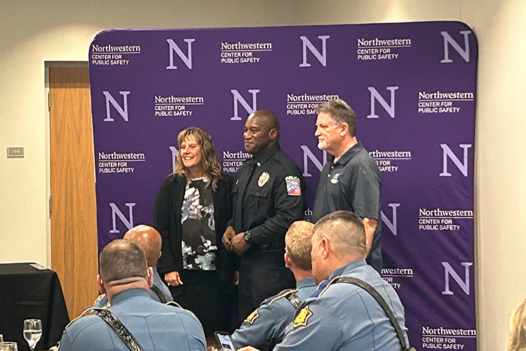 Middle Tennessee State University Police Lt. Demetrius Smith, center, poses for a photo at his July 28, 2023, graduation from the rigorous and nationally recognized Northwestern University School of Police Staff and Command with Michelle Camden, left, the school’s director, and Pat Cunningham, Belmont University’s chief of police, at Belmont University in Nashville, Tennessee. (Submitted photo).
